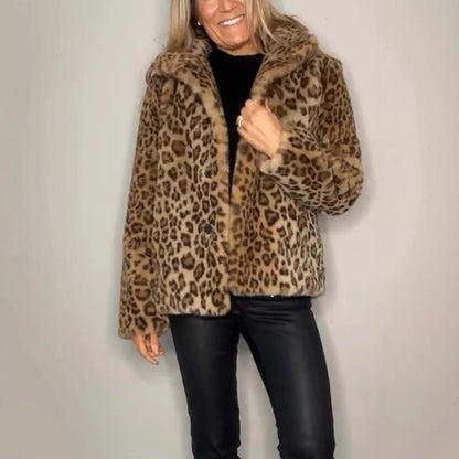 Nueva blusa de lana de piel sintética con solapa y estampado de leopardo de moda para mujer de invierno