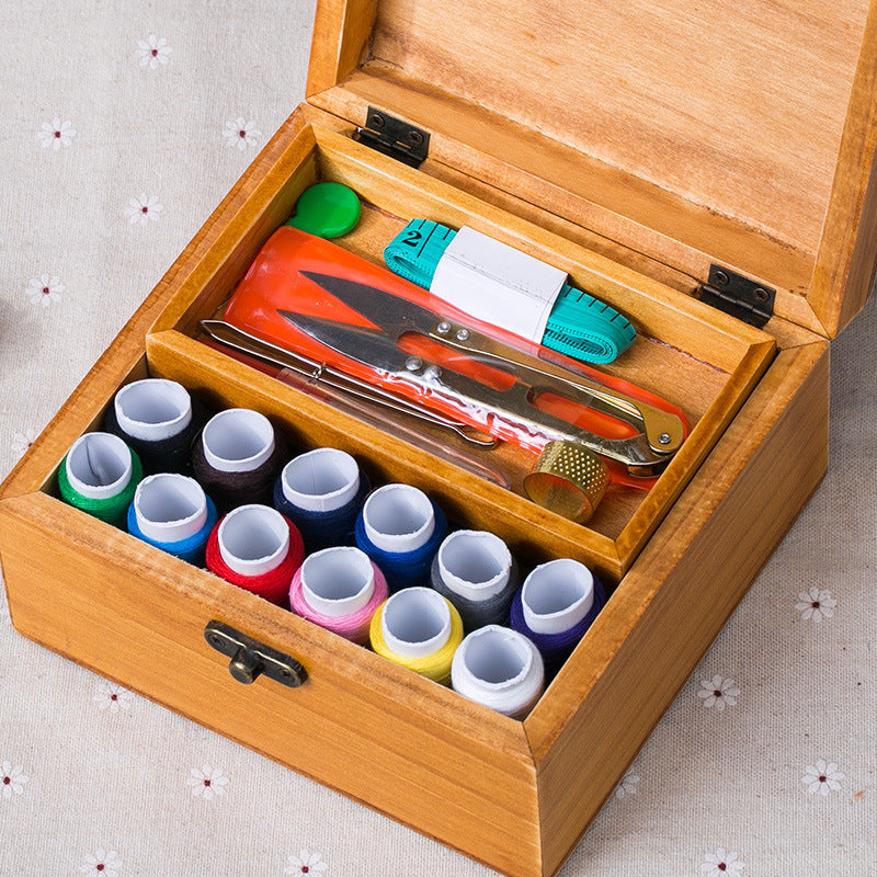 Caja de dinero de aguja, caja de madera pequeña para el hogar, kit de costura para dormitorio de estudiantes, costura portátil, cosida a mano