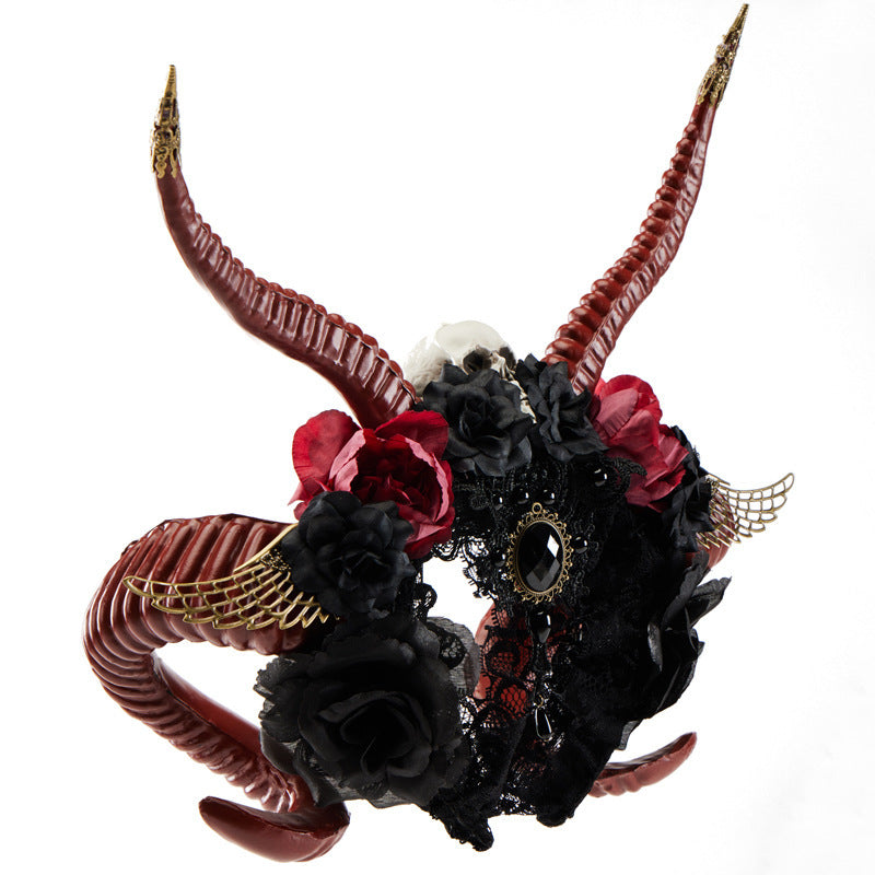 Diadema gótica de cuerno de diablo oscuro con forma de calavera y cuerno de antílope rojo para Halloween