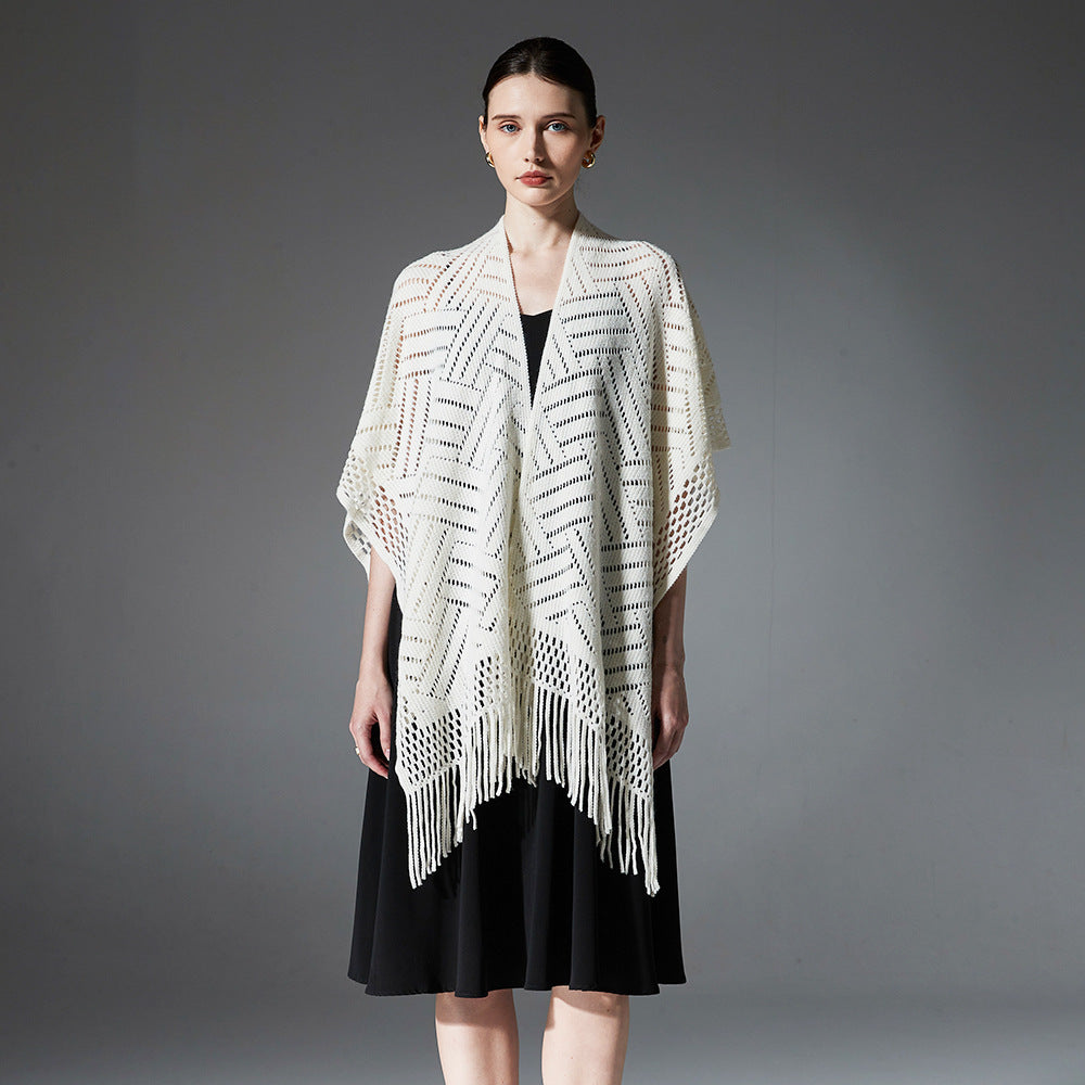 Warp Knitted Solid Color Tassel Thin Hollow Shawl