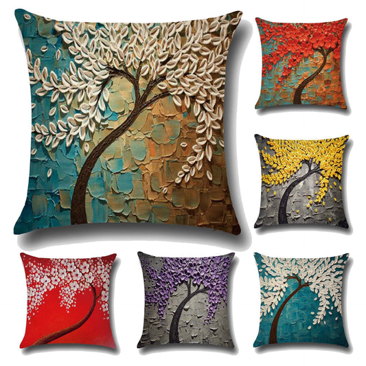 Three-dimensional Oil Painting Trees Flowers Cotton Cushion Cushion Pillowcase Car Waist Cushion Cover