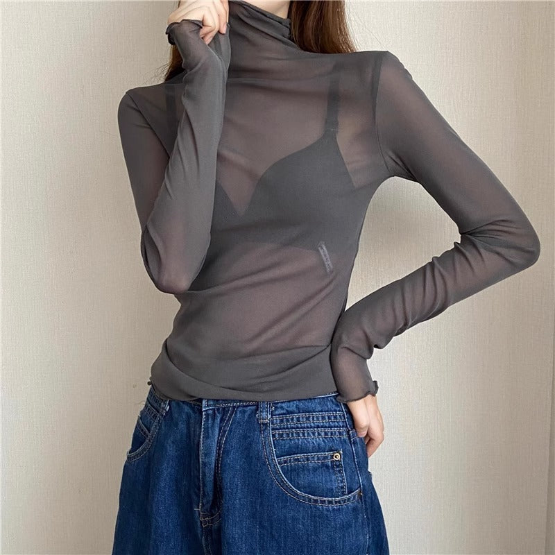 Women's Turtleneck Lace Bottoming Shirt With Wooden Ears