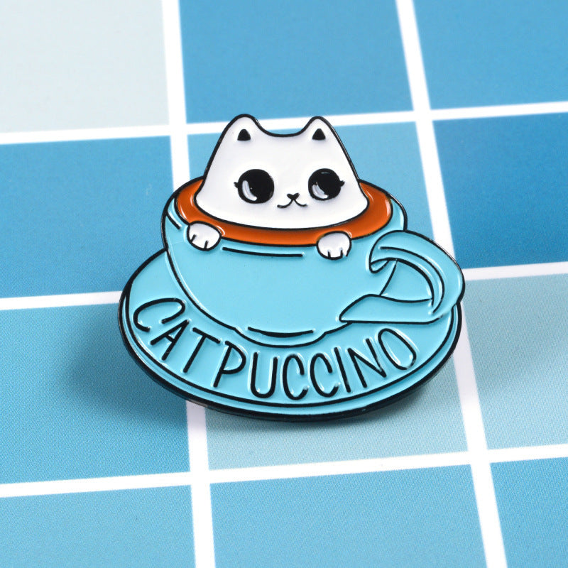 Broche con forma de taza de té azul con forma de gato blanco y bonito recuerdo de cafetería con temática de mascotas