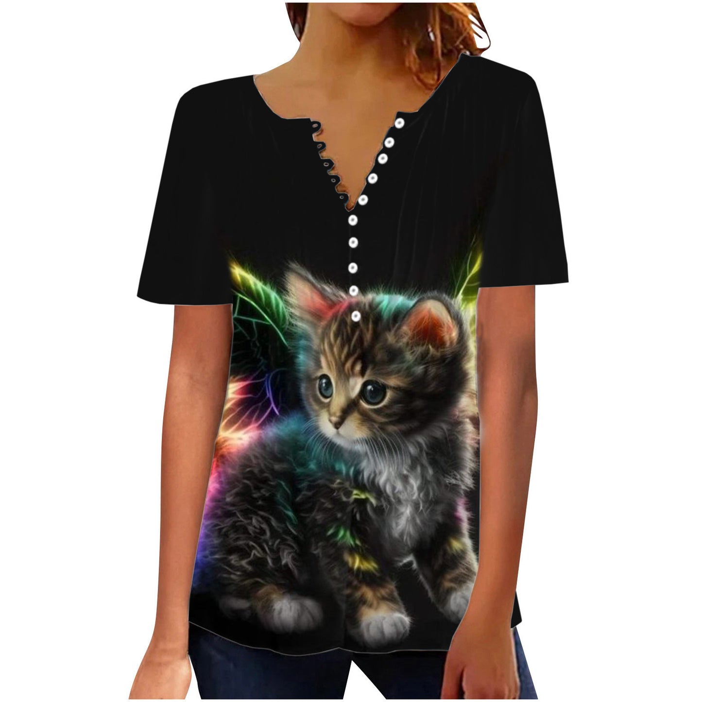 Camiseta de cuello redondo plisada con estampado digital 3D para mujer