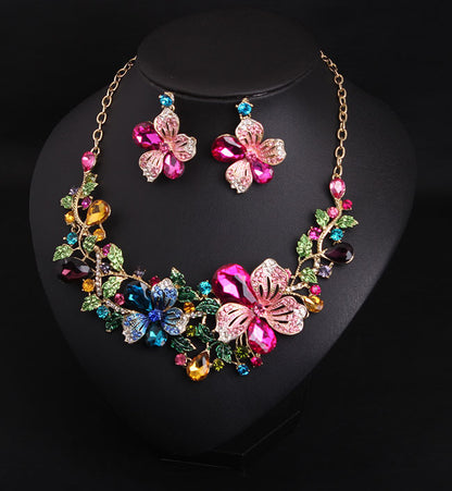 Europe and America luxury color flower crystal drill short clavicle Necklace Earrings Set women bride dinner dress ornaments