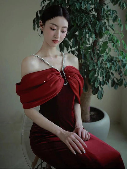 Premium Sense Wine Red Engagement Fishtail Temperament One Line Shoulder Evening Dress