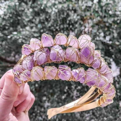 Tocado de boda con corona de cuarzo de cristal natural y piedra preciosa de amatista