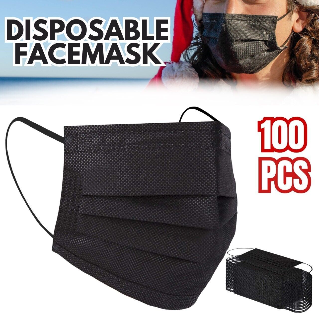 100 PC Mascarilla facial no médica quirúrgica desechable de 3 capas con lazo para las orejas - Negro