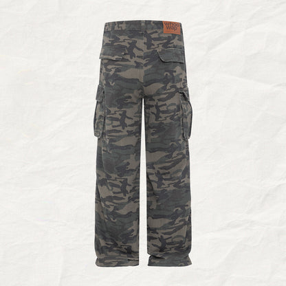 Retro Washed Camouflage Workwear With Pocket Straight Loose Jeans