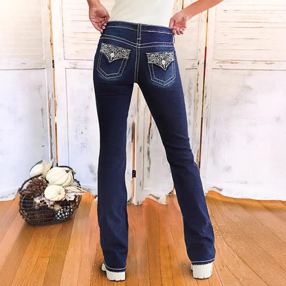 Women's Fashion Embroidered Denim Trousers Retro