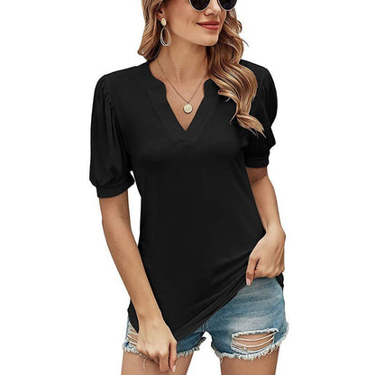 Camiseta informal holgada con cuello en V y mangas abullonadas de color liso para mujer