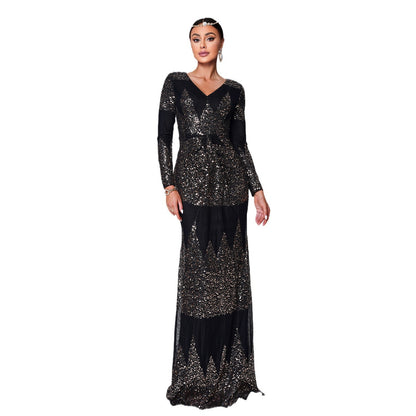 Long Sleeve V-neck Sexy Slim-fit Long Sequined Banquet Evening Dress