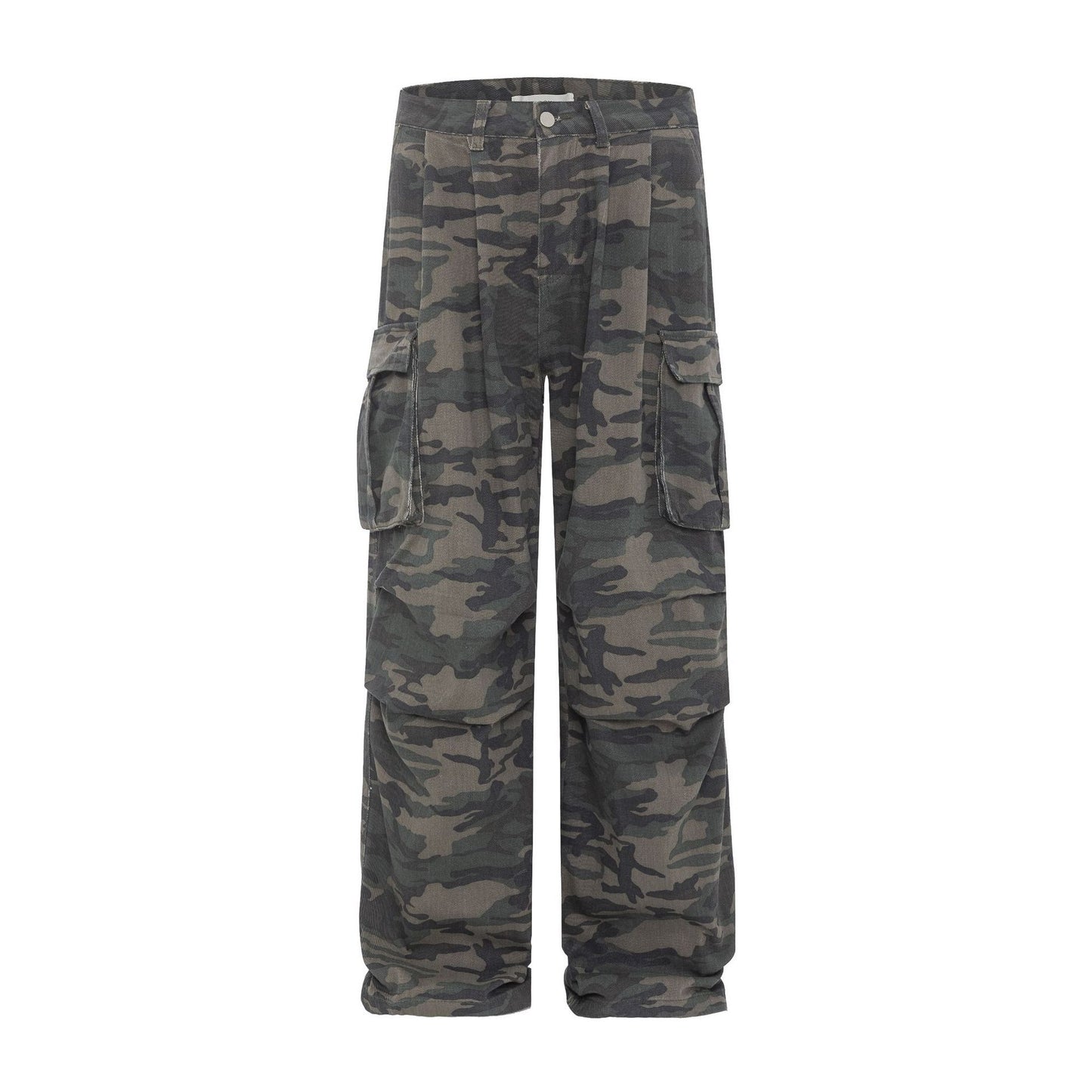 Retro Washed Camouflage Workwear With Pocket Straight Loose Jeans