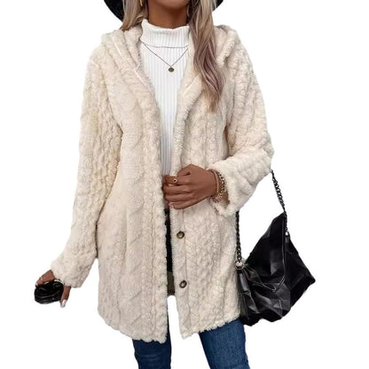 European And American Hooded Solid Color Cardigan Button Long Sleeve Coat