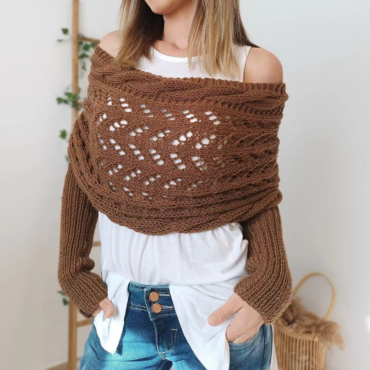 Autumn And Winter Warm Knitted Shawl Women's Hollowed-out Double Sleeve Shawl Collar Fashion Natural For Home And Party