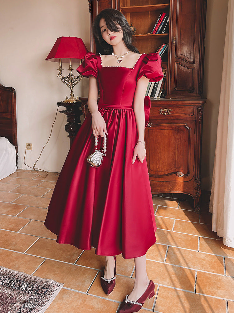 Vestido de satén estilo princesa francesa para uso diario, color vino tinto, para compromiso en invierno