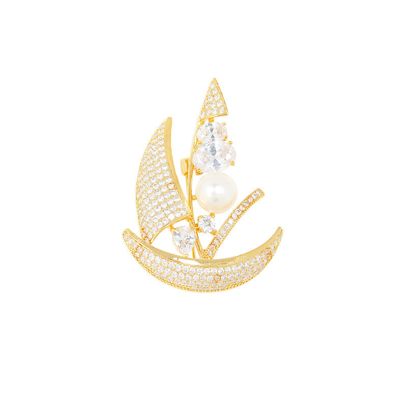 Women's Pin Sailboat Micro Gold Inlaid Shell Pearls