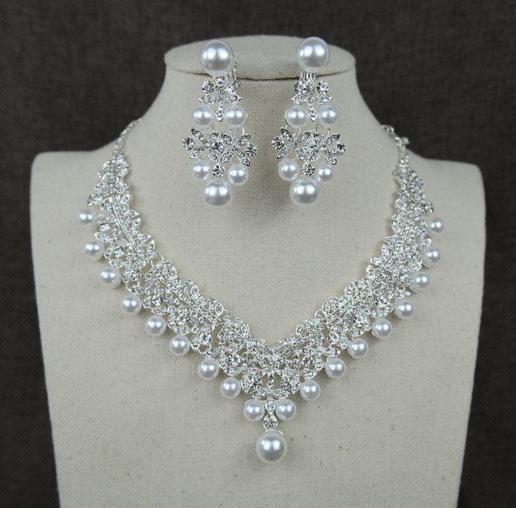 White pearl necklace diamond suit bride wedding accessories hair earrings set 0284