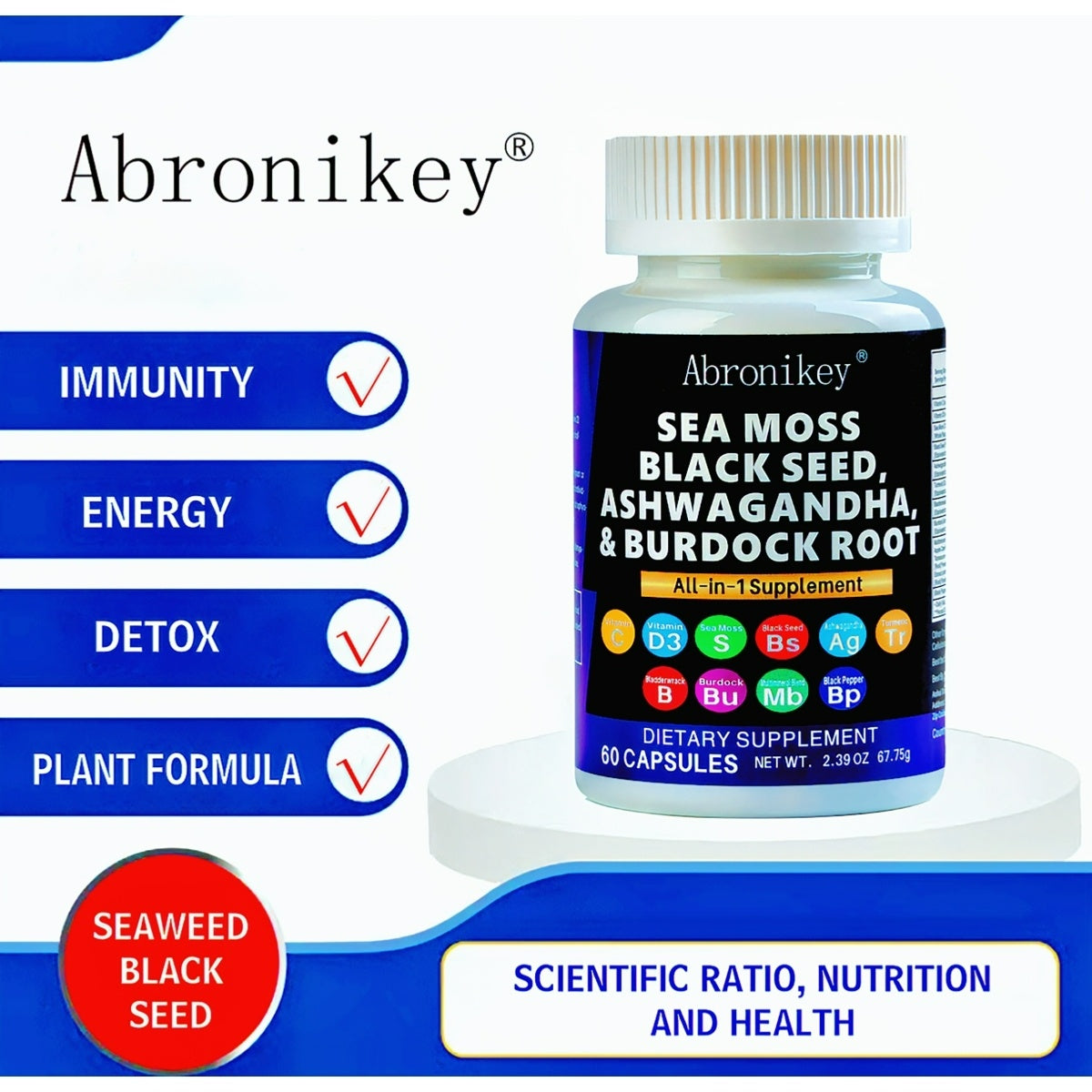 Abronikey Sea Moss 120 Capsules Immune Support & Digestive Health Natural Sea Moss Supplement Rich In Minerals & Vitamins