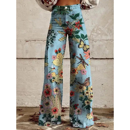 Pantalones anchos de mezclilla de imitación finos y sueltos con cintura alta y estampados para mujer a la moda