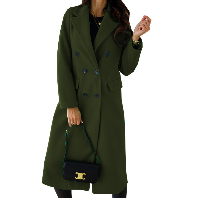 Simple Double Breasted Long Sleeve Lapel Button Woolen Coat