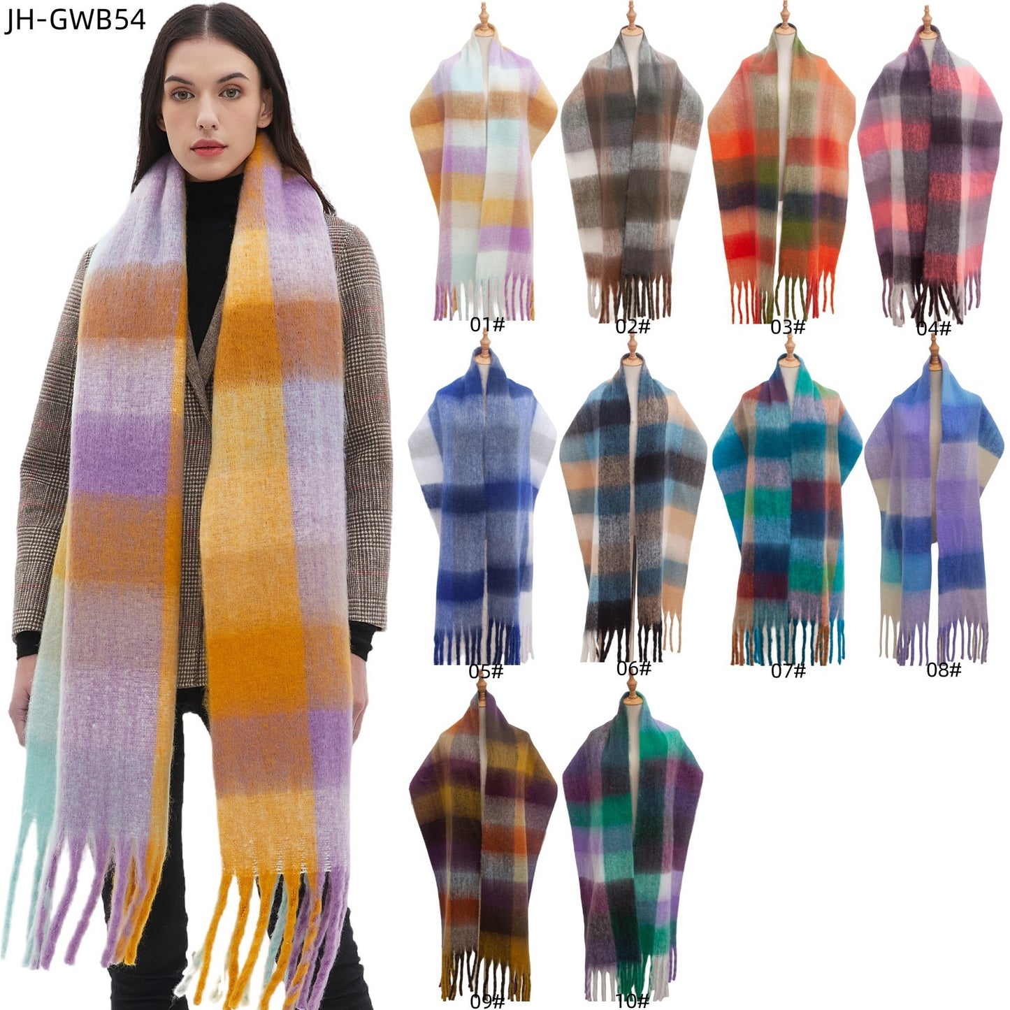 Men's And Women's Round Yarn Coarse Tassel Plaid Scarf