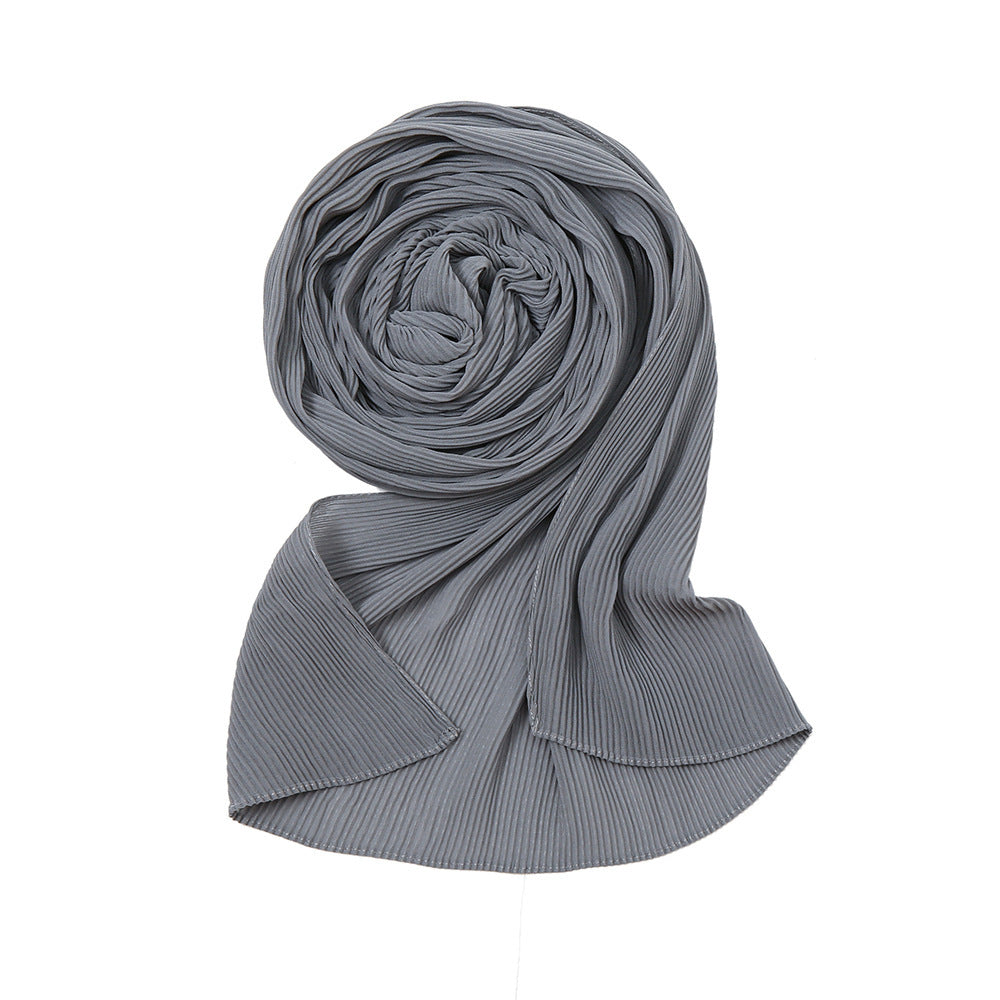 Pure Color Pearl Chiffon Pleated Scarf Women's Sunscreen Shawl