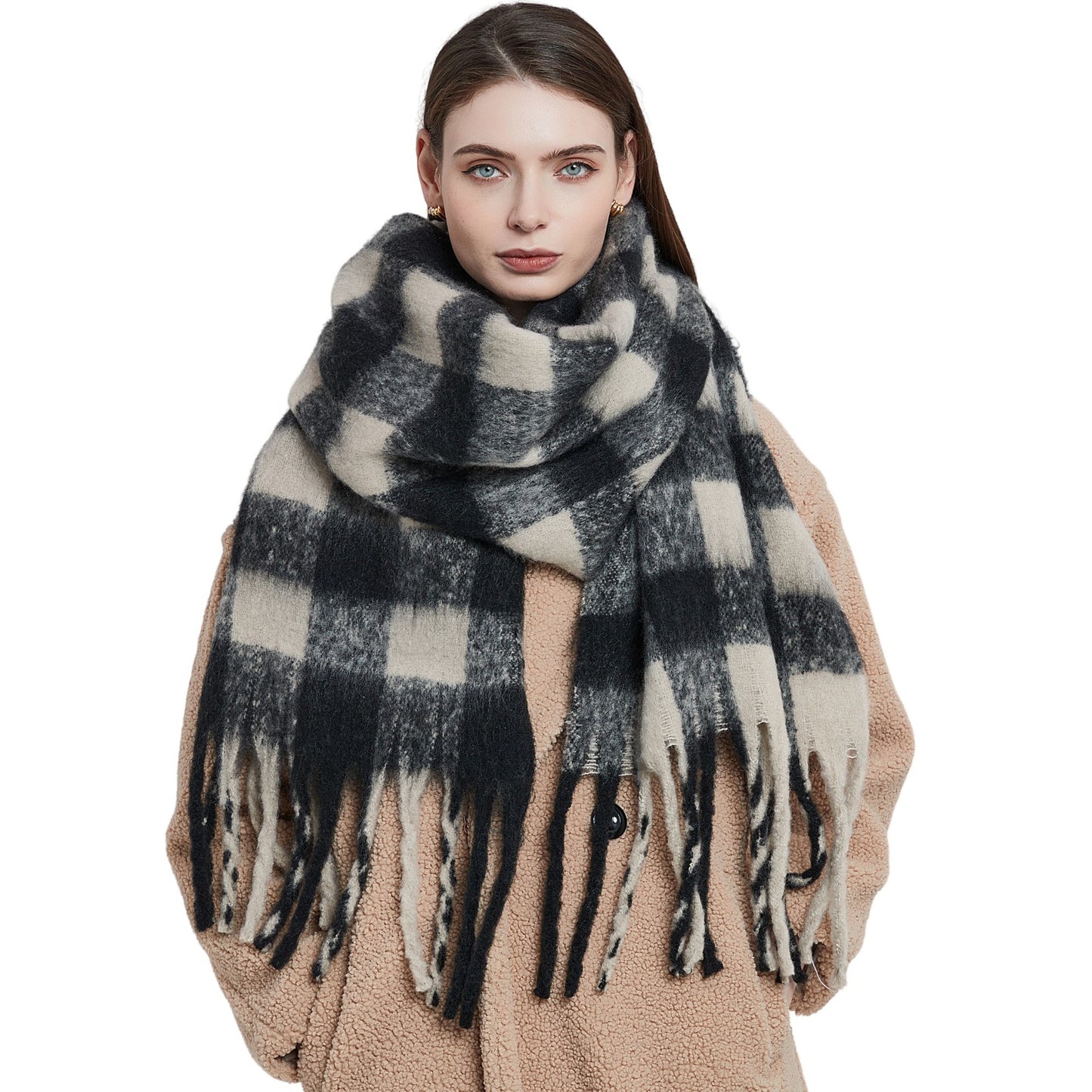 Black Rice Plaid Thick Tassel Scarf For Women Thickened Bib Shawl