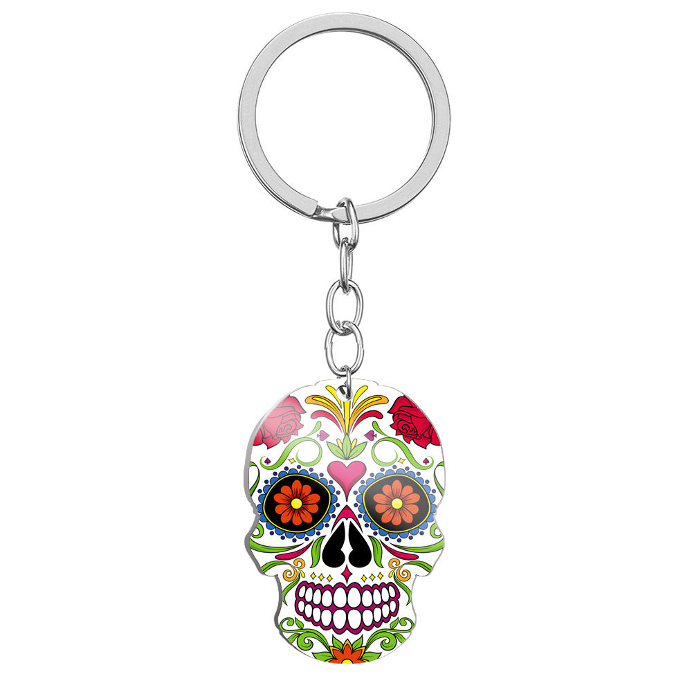 Day Of The Dead Skull Color Printing Stainless Steel Key Ring