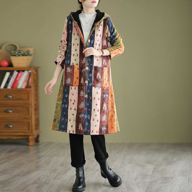 Ethnic Style Fleece-lined Thick Mid-length Trench Coat