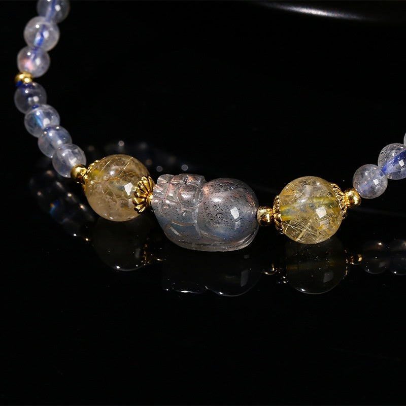 Pulsera de piedra lunar gris natural Pi Xiu, regalo de moda nacional para niñas, pulsera de un solo anillo