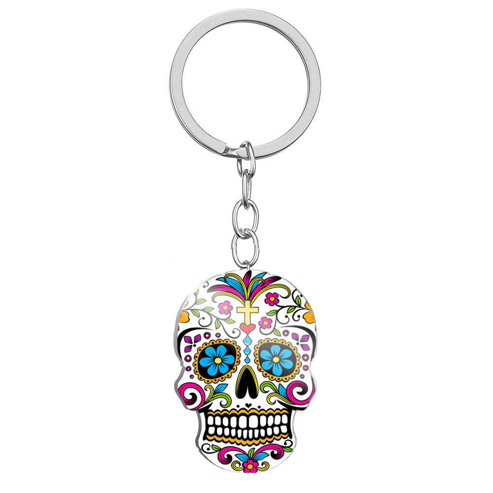 Day Of The Dead Skull Color Printing Stainless Steel Key Ring