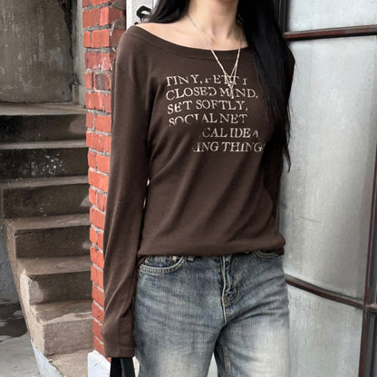 Printed Loose Large Round Neck Long Sleeves T-shirt For Women