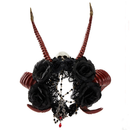 Diadema gótica de cuerno de diablo oscuro con forma de calavera y cuerno de antílope rojo para Halloween