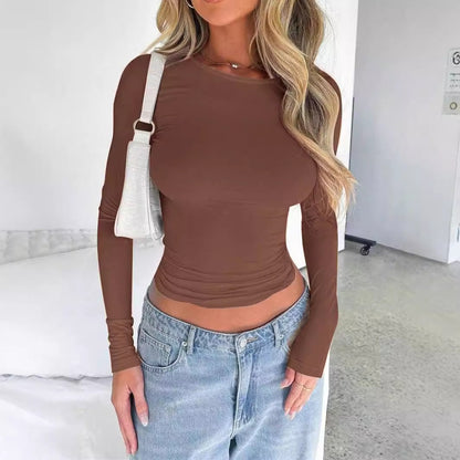 Solid Color Slim Fit Round Neck Short Long-sleeved T-shirt