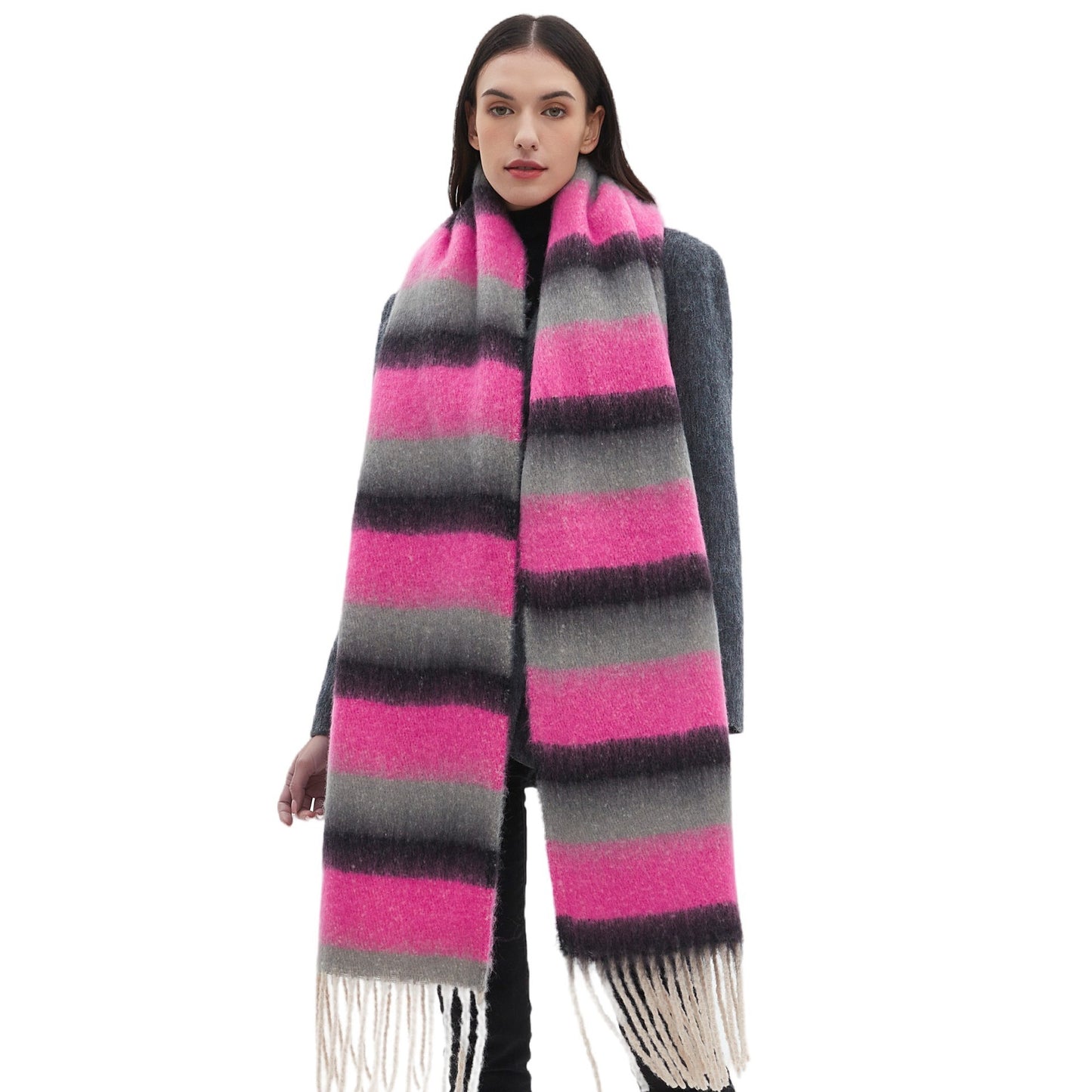 Men's And Women's Yarn Thick Tassel Striped Scarf