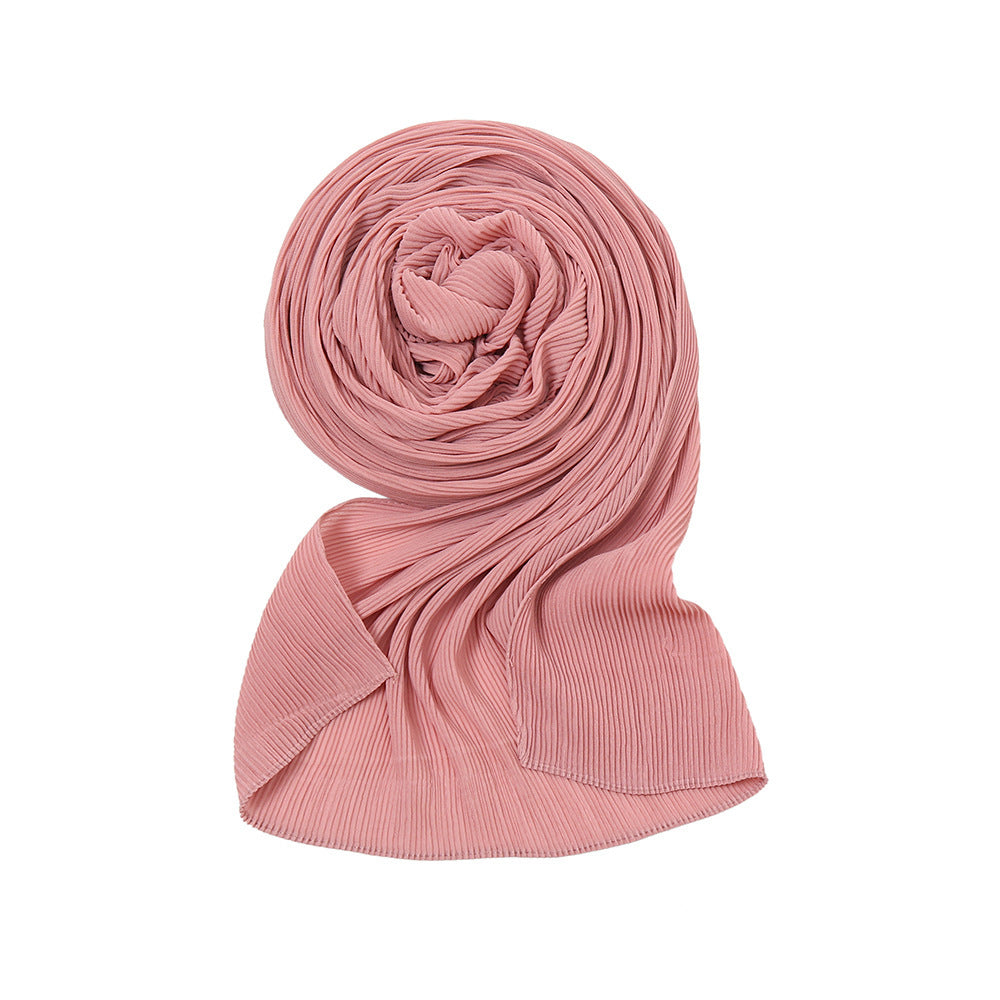 Pure Color Pearl Chiffon Pleated Scarf Women's Sunscreen Shawl