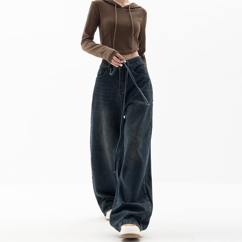 Ribbon Jeans Women's Straight Loose Wide-leg Pants American Style