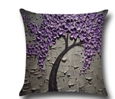 Three-dimensional Oil Painting Trees Flowers Cotton Cushion Cushion Pillowcase Car Waist Cushion Cover