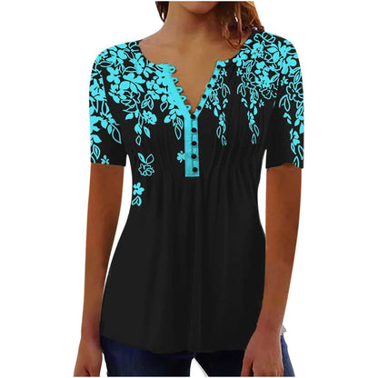 Camiseta de cuello redondo plisada con estampado digital 3D para mujer