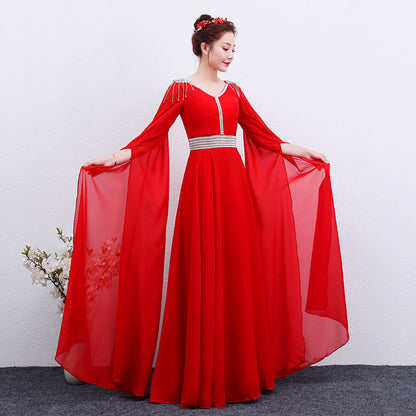 The Red Long Guzheng Performance Dress Is Elegant And Slim