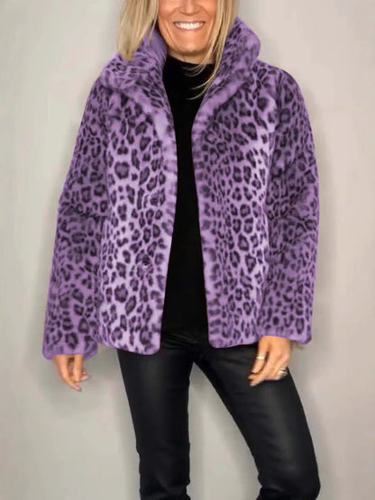 Nueva blusa de lana de piel sintética con solapa y estampado de leopardo de moda para mujer de invierno