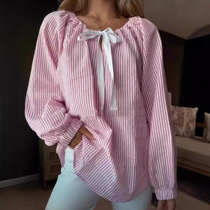 Women's Chiffon Shirt Striped Lace-up Top