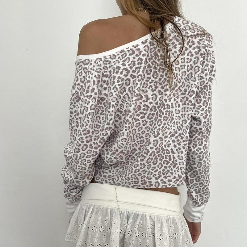 Blusa holgada con cuello en V y estampado de leopardo de estilo europeo y americano