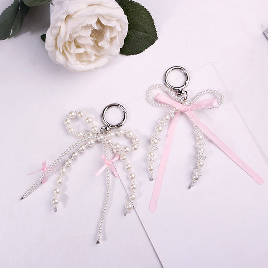 Women's Cute Sweet Handmade White Pearl Fabric Bow Keychain