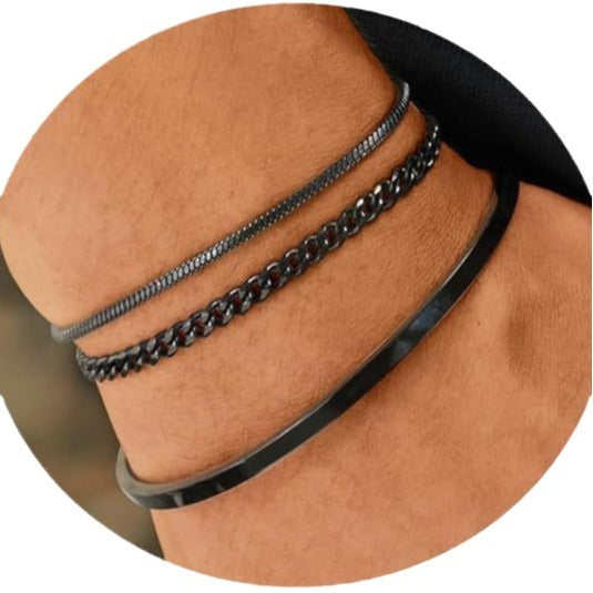 Pulsera apilable de acero inoxidable con puños, 3 piezas, brazalete en capas, cadena de serpiente, juego de pulseras de cadena de eslabones cubanos