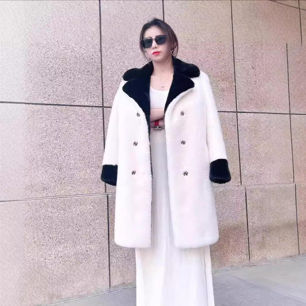 V-neck Large Lapel Contrast Color Long Coat