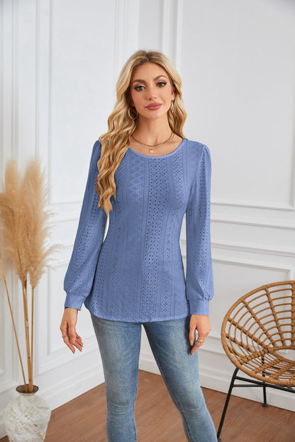 Round Neck Small Hole Bubble Sleeve Long Sleeve Top