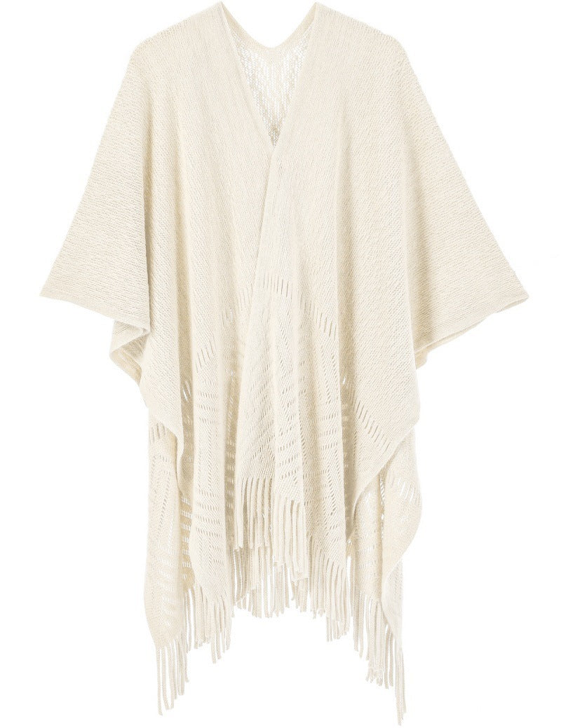 Warp Knitted Solid Color Tassel Thin Hollow Shawl