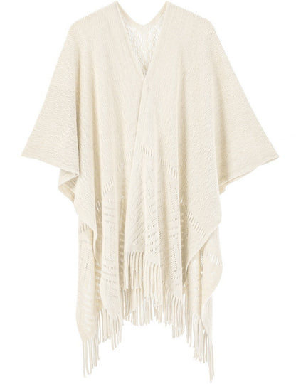 Warp Knitted Solid Color Tassel Thin Hollow Shawl